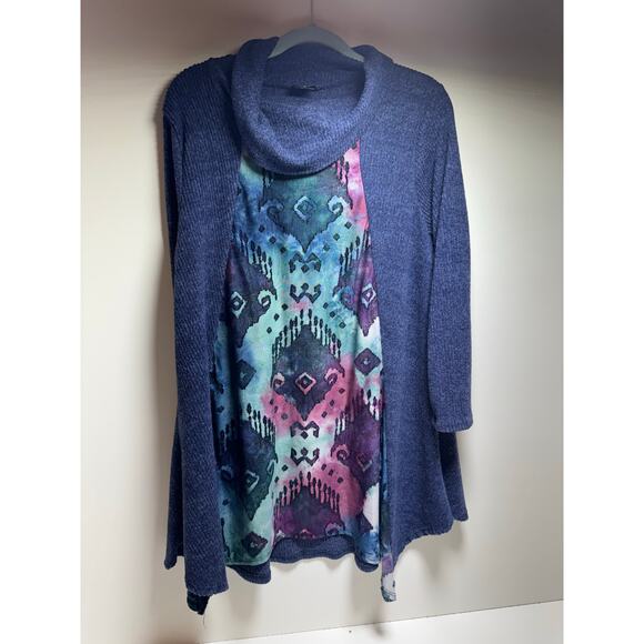 Cal Style Blue Purple Mix Media Print Cowl Neck Tunic Sweater Sz Large Boho - Picture 6 of 8